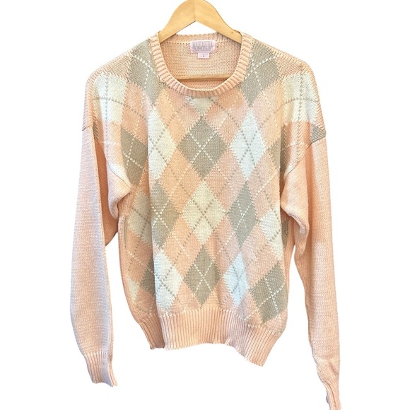 Vintage 90s Margaretta Pastel Argyle Sweater Sz S Made Scotland Preppy Cottage - Picture 1 of 5